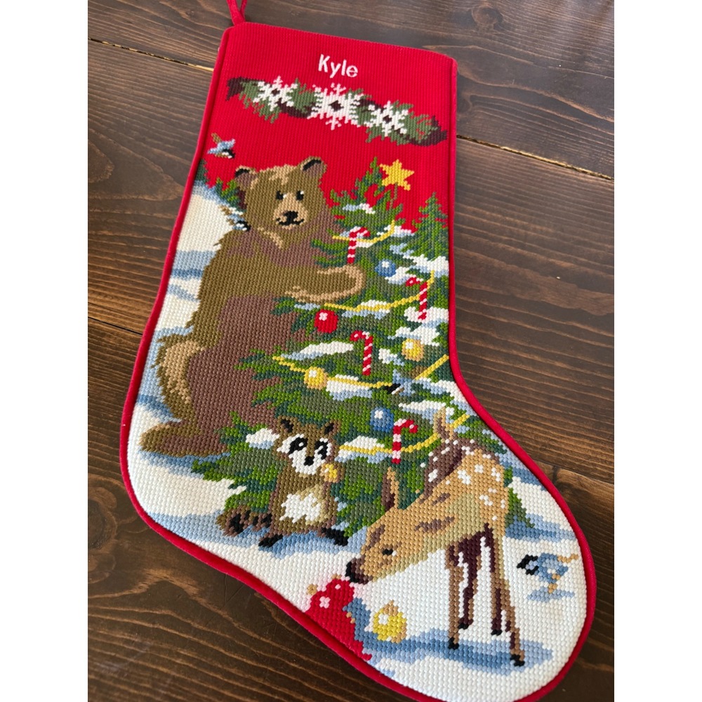 VTG Needlepoint Christmas Stocking Woodland Animals Bear Deer "Kyle" Red Velvet - Picture 3 of 9